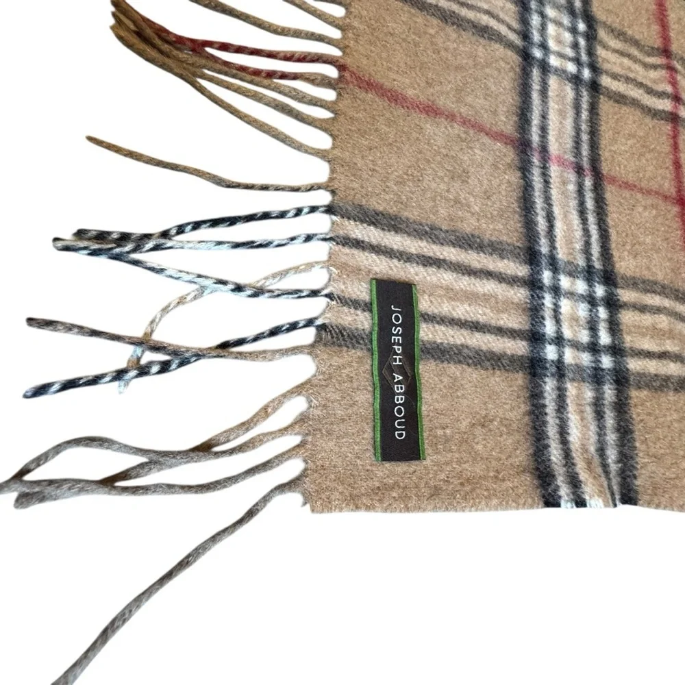 Joseph Abboud 100% Cashmere 55” Long Tan Multicolor Plaid Fringe Scarf I16